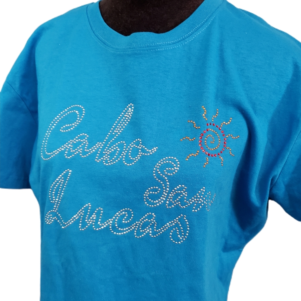 Ladies Cabo San Lucas XL turquoise embelished t-shirt.